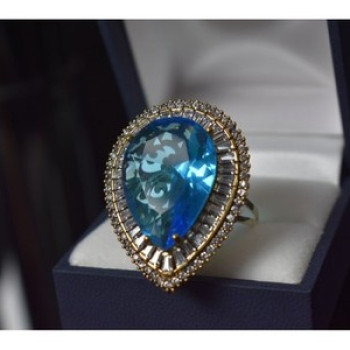 925 Sterling Silver With Gilding Blue Alpanite & CZ Ring Size 7.5