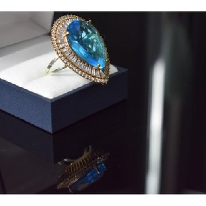 925 Sterling Silver With Gilding Blue Alpanite & CZ Ring Size 7.5