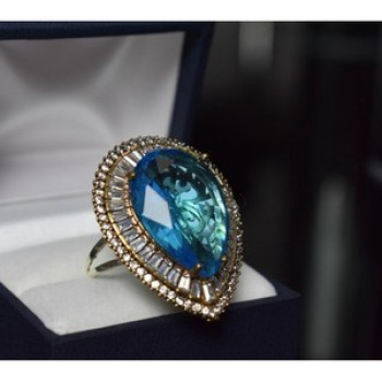 925 Sterling Silver With Gilding Blue Alpanite & CZ Ring Size 7.5