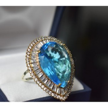 925 Sterling Silver With Gilding Blue Alpanite & CZ Ring Size 7.5