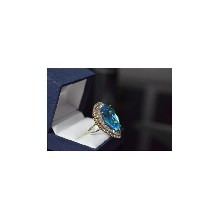 925 Sterling Silver with Gilding Blue Alpanite & CZ Ring Size 7.5