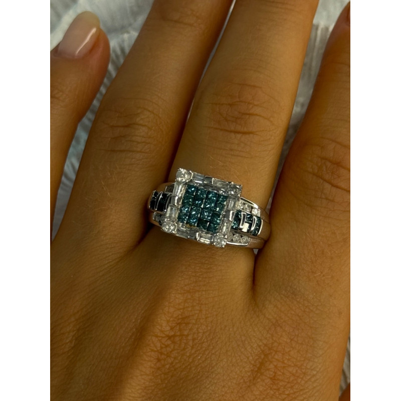 10K White Gold Aquamarine & White Topaz Ring Size 8