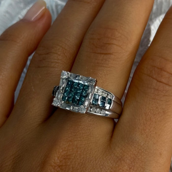 10K White Gold Aquamarine & White Topaz Ring Size 8