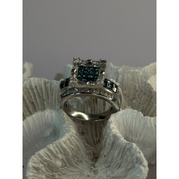 10K White Gold Aquamarine & White Topaz Ring Size 8
