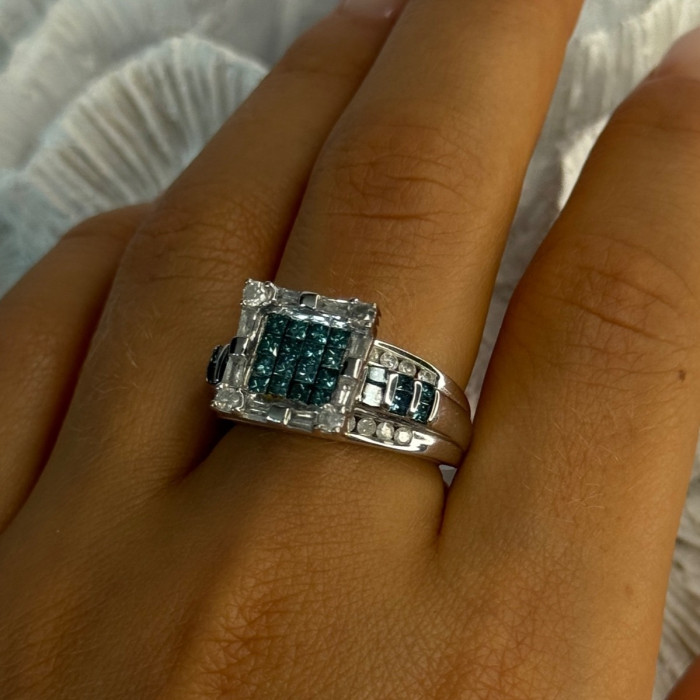 10K White Gold Aquamarine & White Topaz Ring Size 8