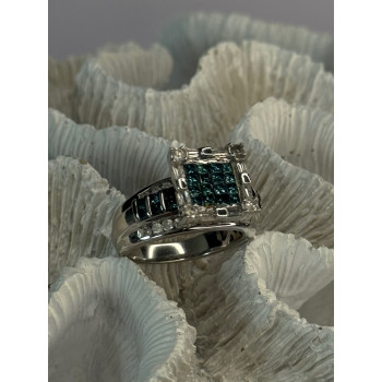 10K White Gold Aquamarine & White Topaz Ring Size 8