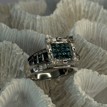 10K White Gold Aquamarine & White Topaz Ring Size 8