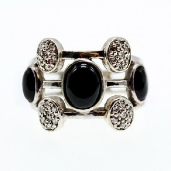 925 Sterling Silver Onyx and Goshenite Ring Size 7.5