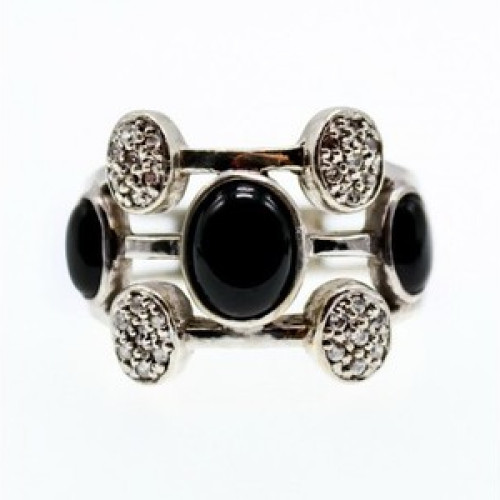 925 Sterling Silver Onyx and Goshenite Ring Size 7.5