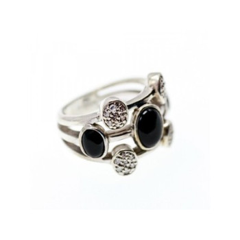 925 Sterling Silver Onyx and Goshenite Ring Size 7.5