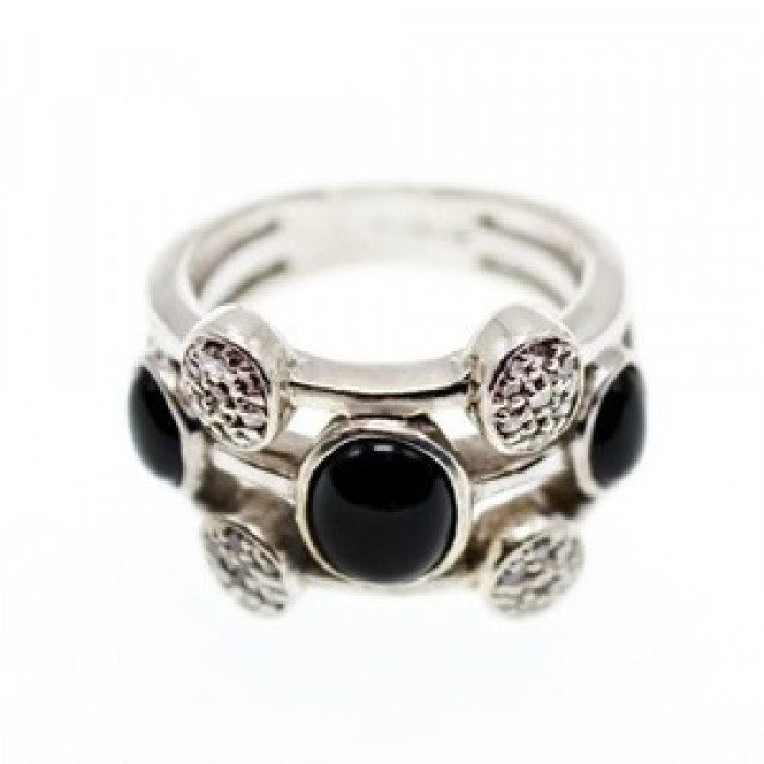925 Sterling Silver Onyx and Goshenite Ring Size 7.5
