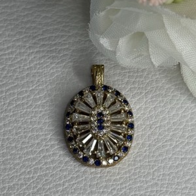 925 Sterling Silver Gold Plated Sapphire & Beryl Pendant Length 1 Inch