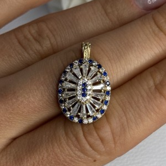 925 Sterling Silver Gold Plated Sapphire & Beryl Pendant Length 1 Inch