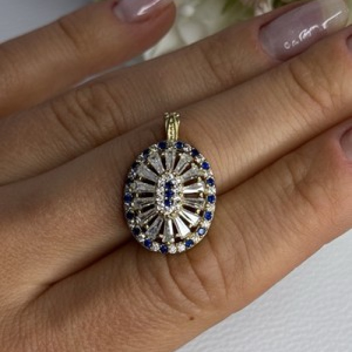 925 Sterling Silver Gold Plated Sapphire & Beryl Pendant Length 1 Inch