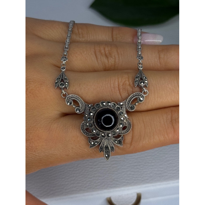 Elegant Vintage 925 Sterling Silver Onyx & Marcasite Necklace Length 16.5 inch