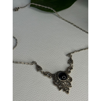Elegant Vintage 925 Sterling Silver Onyx & Marcasite Necklace Length 16.5 inch
