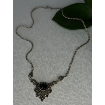 Elegant Vintage 925 Sterling Silver Onyx & Marcasite Necklace Length 16.5 inch