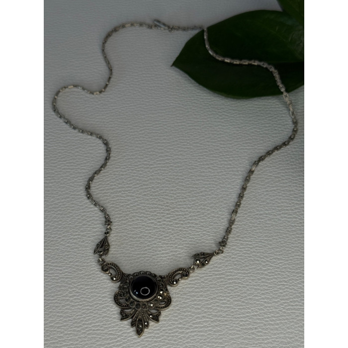 Elegant Vintage 925 Sterling Silver Onyx & Marcasite Necklace Length 16.5 inch
