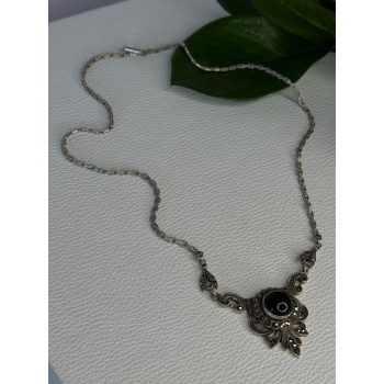 Elegant Vintage 925 Sterling Silver Onyx & Marcasite Necklace Length 16.5 inch