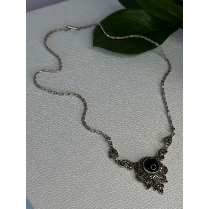 Elegant Vintage 925 Sterling Silver Onyx & Marcasite Necklace Length 16.5 inch