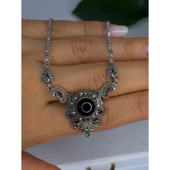 Elegant Vintage 925 Sterling Silver Onyx & Marcasite Necklace Length 16.5 inch