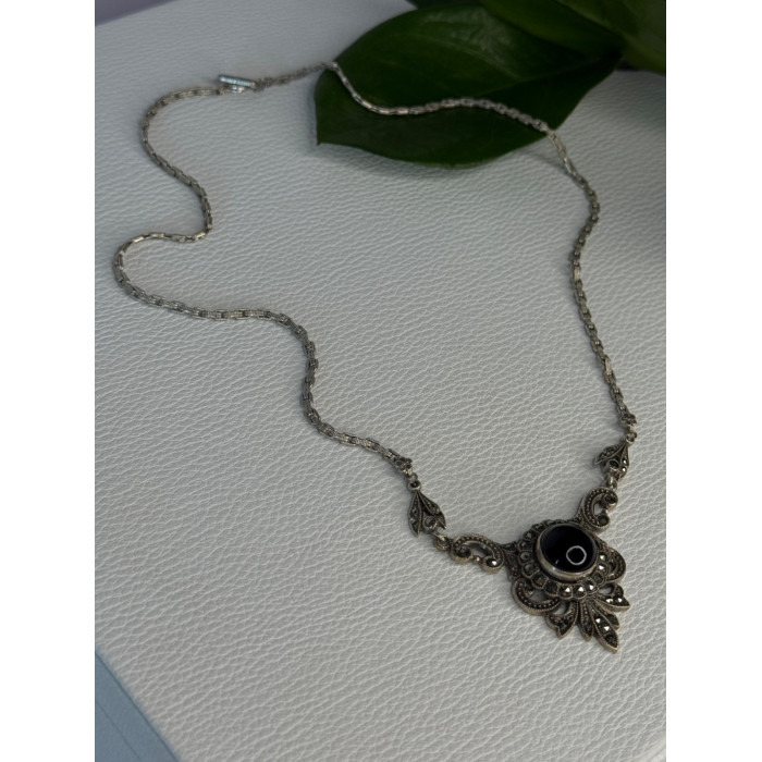Elegant Vintage 925 Sterling Silver Onyx & Marcasite Necklace Length 16.5 inch