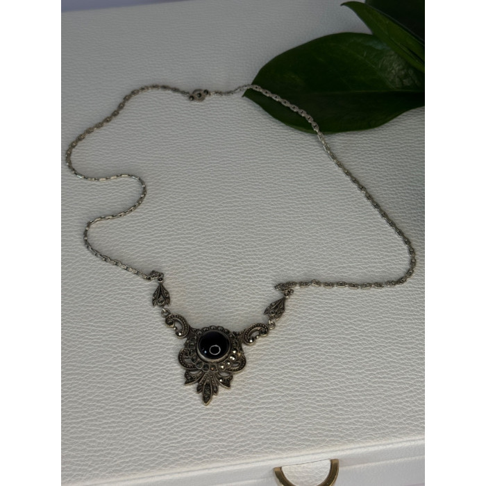 Elegant Vintage 925 Sterling Silver Onyx & Marcasite Necklace Length 16.5 inch