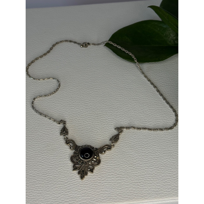 Elegant Vintage 925 Sterling Silver Onyx & Marcasite Necklace Length 16.5 inch