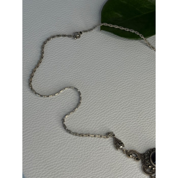 Elegant Vintage 925 Sterling Silver Onyx & Marcasite Necklace Length 16.5 inch