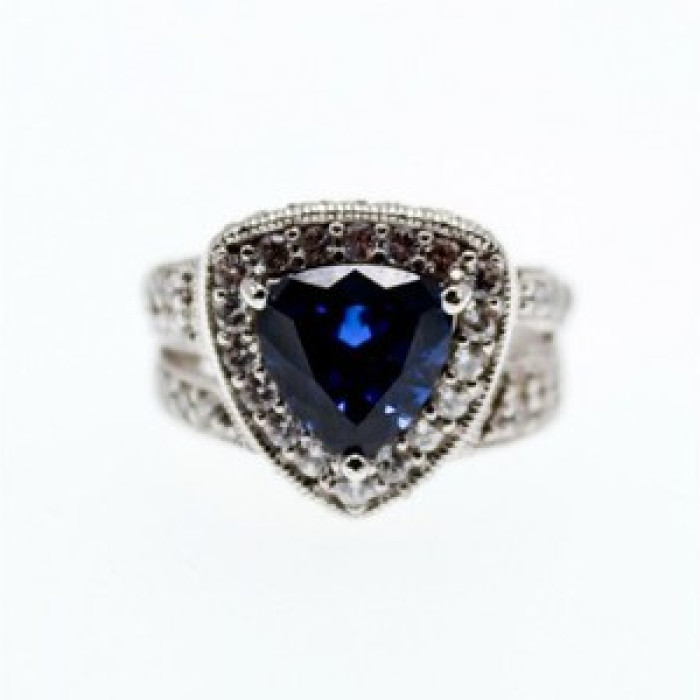 925 Sterling Silver Blue Sapphire and CZ Ring Size 5