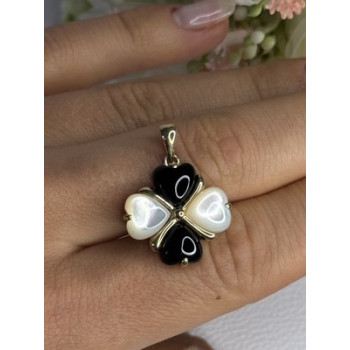 Elegant 10k Yellow Gold Onyx & Abalone Pendant Length 1 Inch