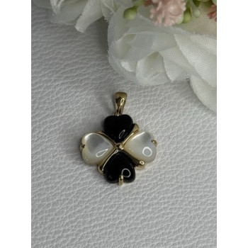 Elegant 10k Yellow Gold Onyx & Abalone Pendant Length 1 Inch