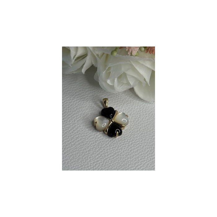 Elegant 10k Yellow Gold Onyx & Abalone Pendant Length 1 Inch