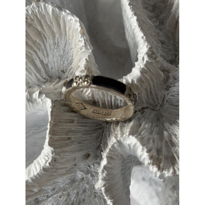 925 Sterling Silver Onyx & Marcasite Ring Size 6.5