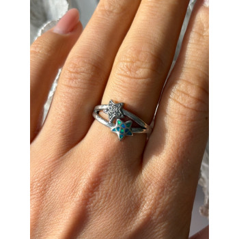 925 Sterling Silver White Topaz & Opal Stars Ring Size 8
