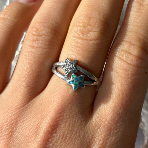 925 Sterling Silver White Topaz & Opal Stars Ring Size 8