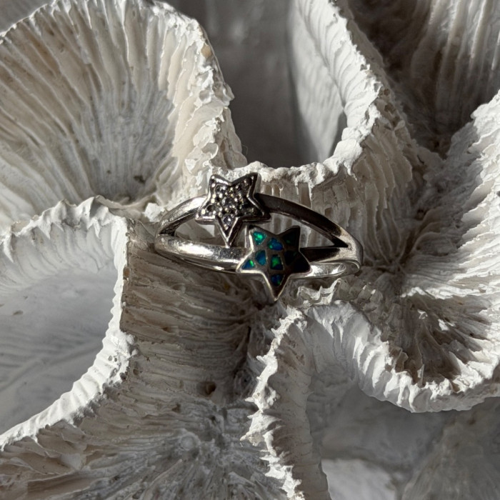 925 Sterling Silver White Topaz & Opal Stars Ring Size 8