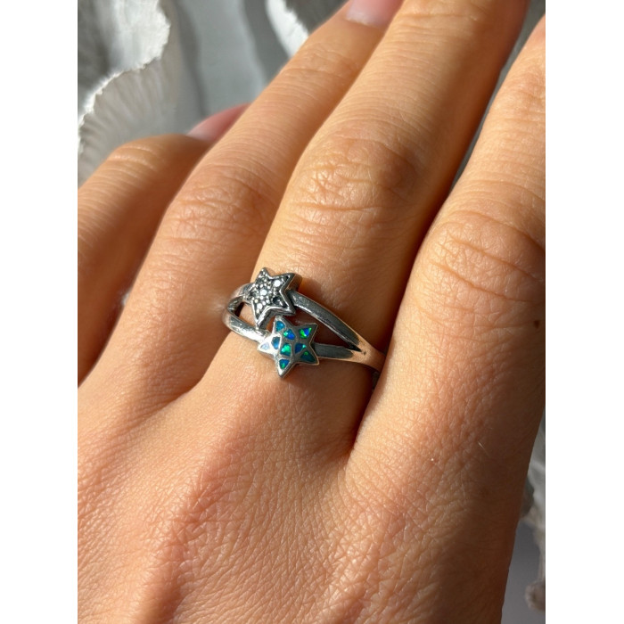 925 Sterling Silver White Topaz & Opal Stars Ring Size 8
