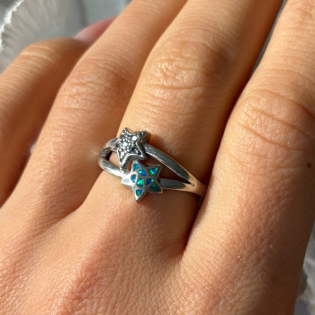 925 Sterling Silver White Topaz & Opal Stars Ring Size 8