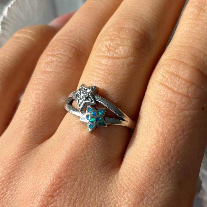 925 Sterling Silver White Topaz & Opal Stars Ring Size 8