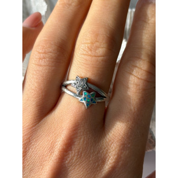 925 Sterling Silver White Topaz & Opal Stars Ring Size 8