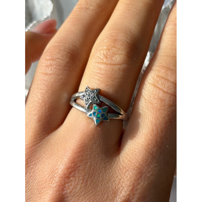 925 Sterling Silver White Topaz & Opal Stars Ring Size 8
