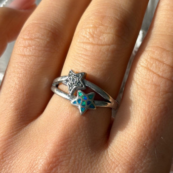 925 Sterling Silver White Topaz & Opal Stars Ring Size 8