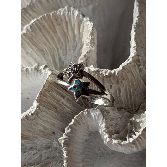 925 Sterling Silver White Topaz & Opal Stars Ring Size 8