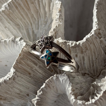 925 Sterling Silver White Topaz & Opal Stars Ring Size 8