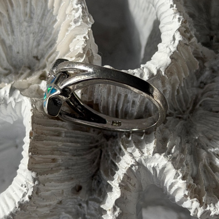 925 Sterling Silver White Topaz & Opal Stars Ring Size 8
