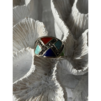 925 Sterling Silver Multi Color Stones Ring Size 8.5