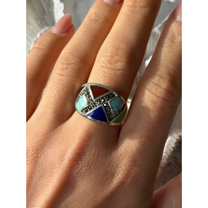925 Sterling Silver Multi Color Stones Ring Size 8.5