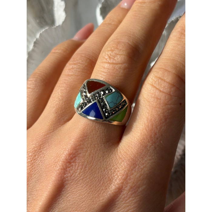 925 Sterling Silver Multi Color Stones Ring Size 8.5