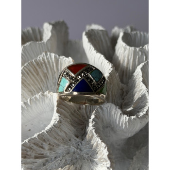925 Sterling Silver Multi Color Stones Ring Size 8.5